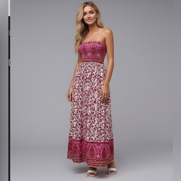 Red/Pink  Boho Floral Print Tube Dress - Picture 4 of 9